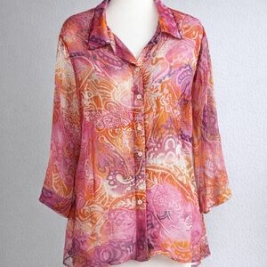 Alia Sheer Paisley Blouse Pink Orange Swirl Print Buttondown Hippie Boho Chic XL